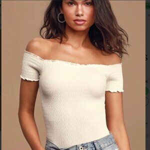 FREE PEOPLE XS S MOULIN RUCHED Off Shoulder Top Coquette Beige Cream Smocked